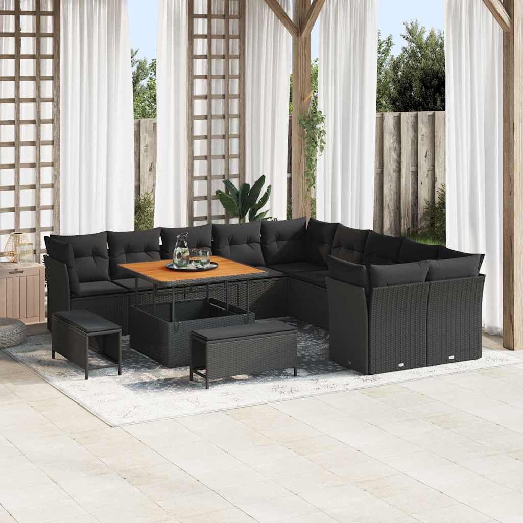 Set Divano da Giardino con cuscino 13 pcs Nero polyrattan