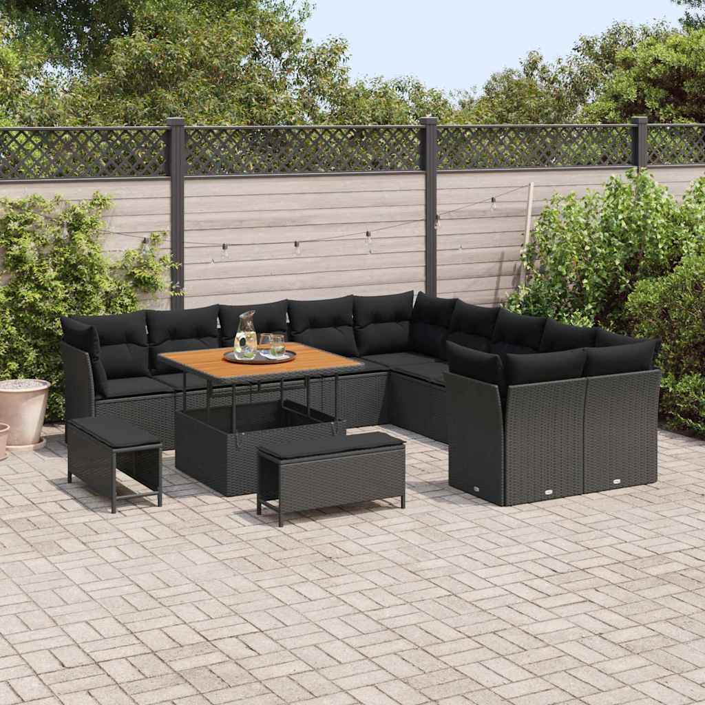 Set Divano da Giardino con cuscino 13 pcs Nero polyrattan