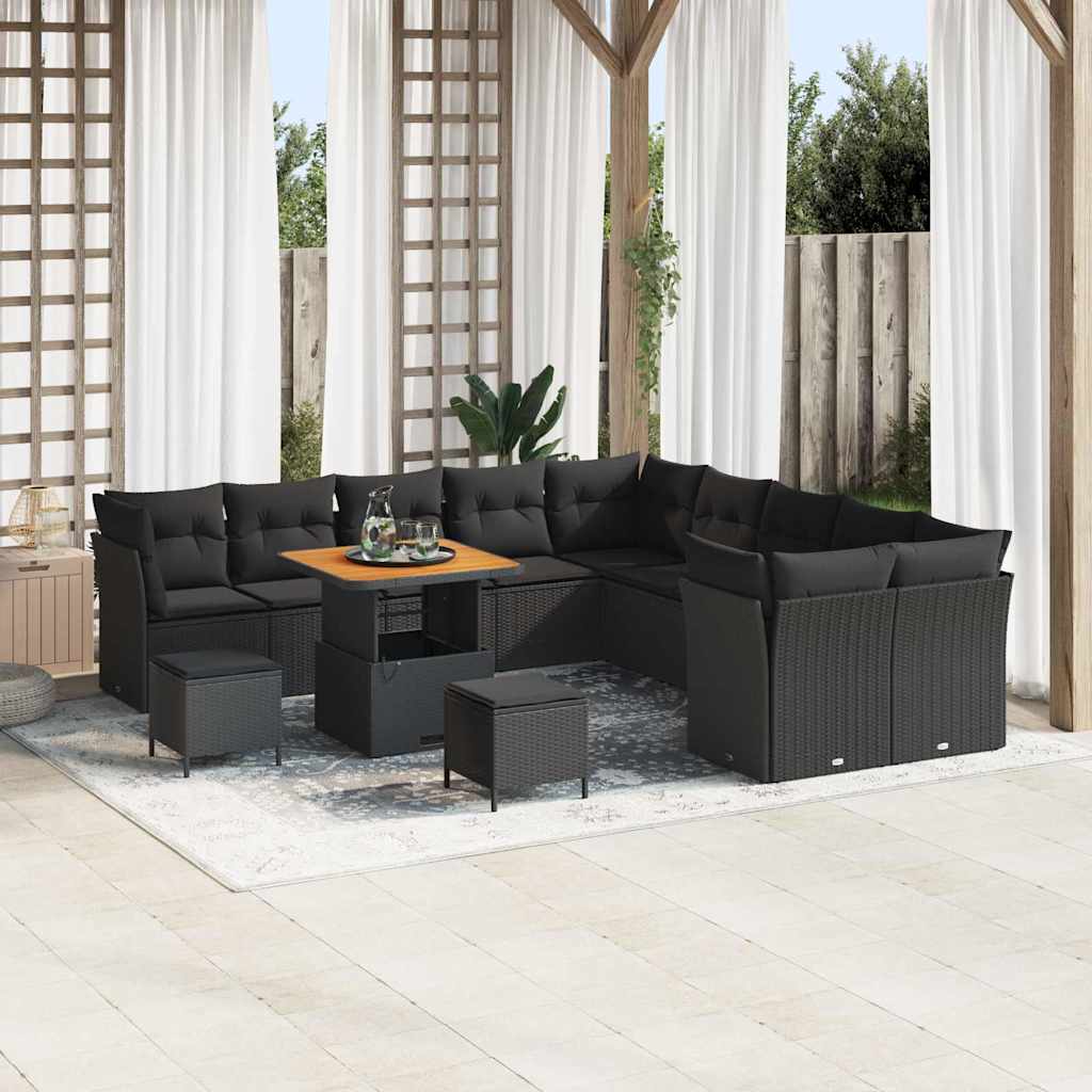 Set Divano da Giardino con cuscino 13 pcs Nero polyrattan