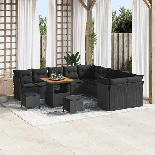 Set Divano da Giardino con cuscino 13 pcs Nero polyrattan