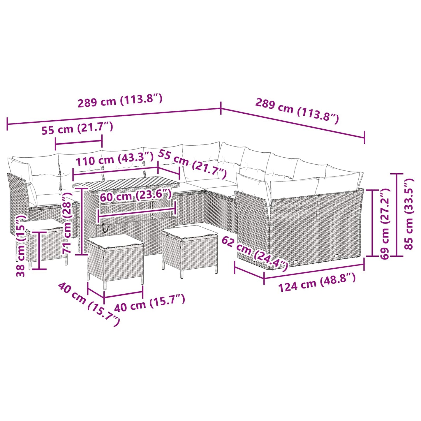 Set Divano da Giardino 14 pcs Nero polyrattan | homemem39