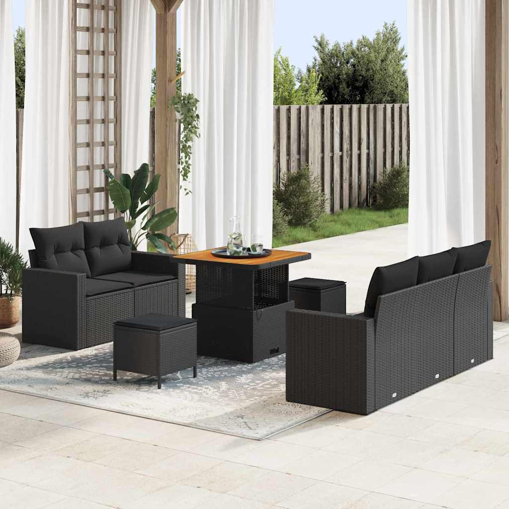 Set Divano da Giardino con cuscino 8 pcs Nero polyrattan