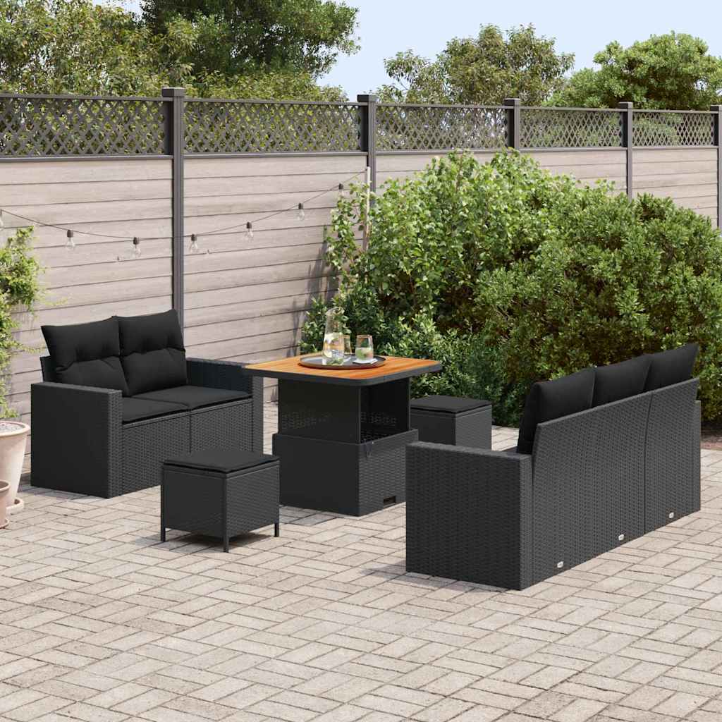 Set Divano da Giardino con cuscino 8 pcs Nero polyrattan