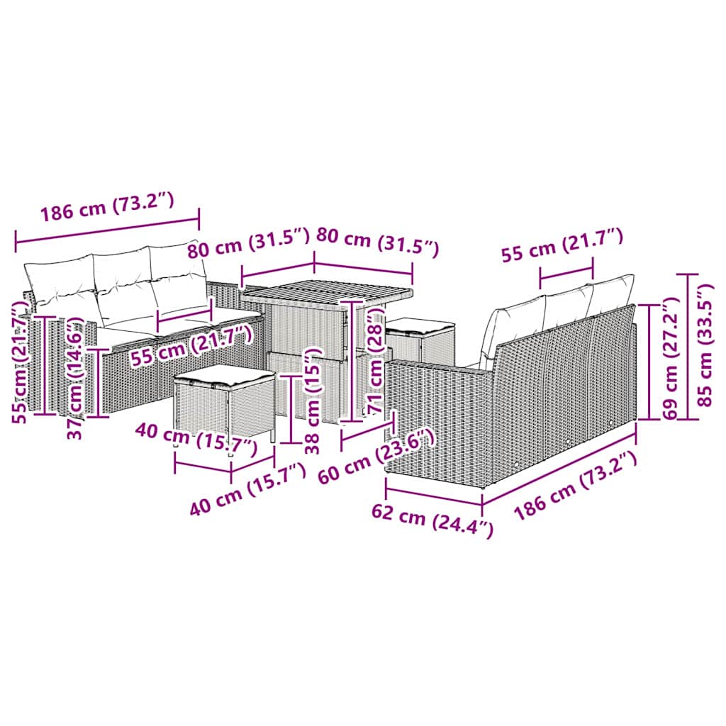 Set Divano da Giardino 9 pcs Nero polyrattan - homemem39