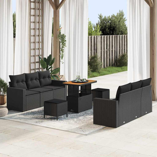 Set Divano da Giardino 9 pcs Nero polyrattan