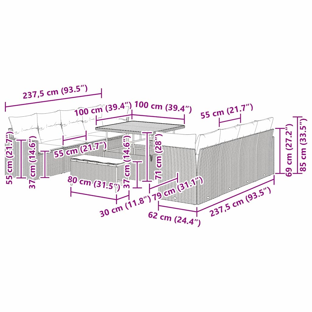 Set Divano da Giardino 11 pcs Grigio polyrattan | homemem39