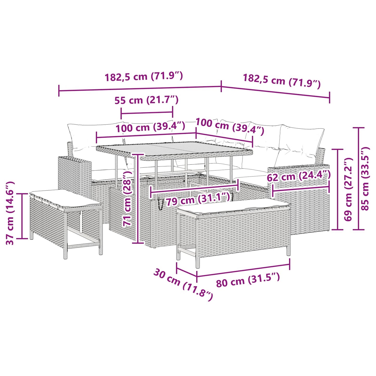 Set Divano da Giardino 8 pcs Nero polyrattan