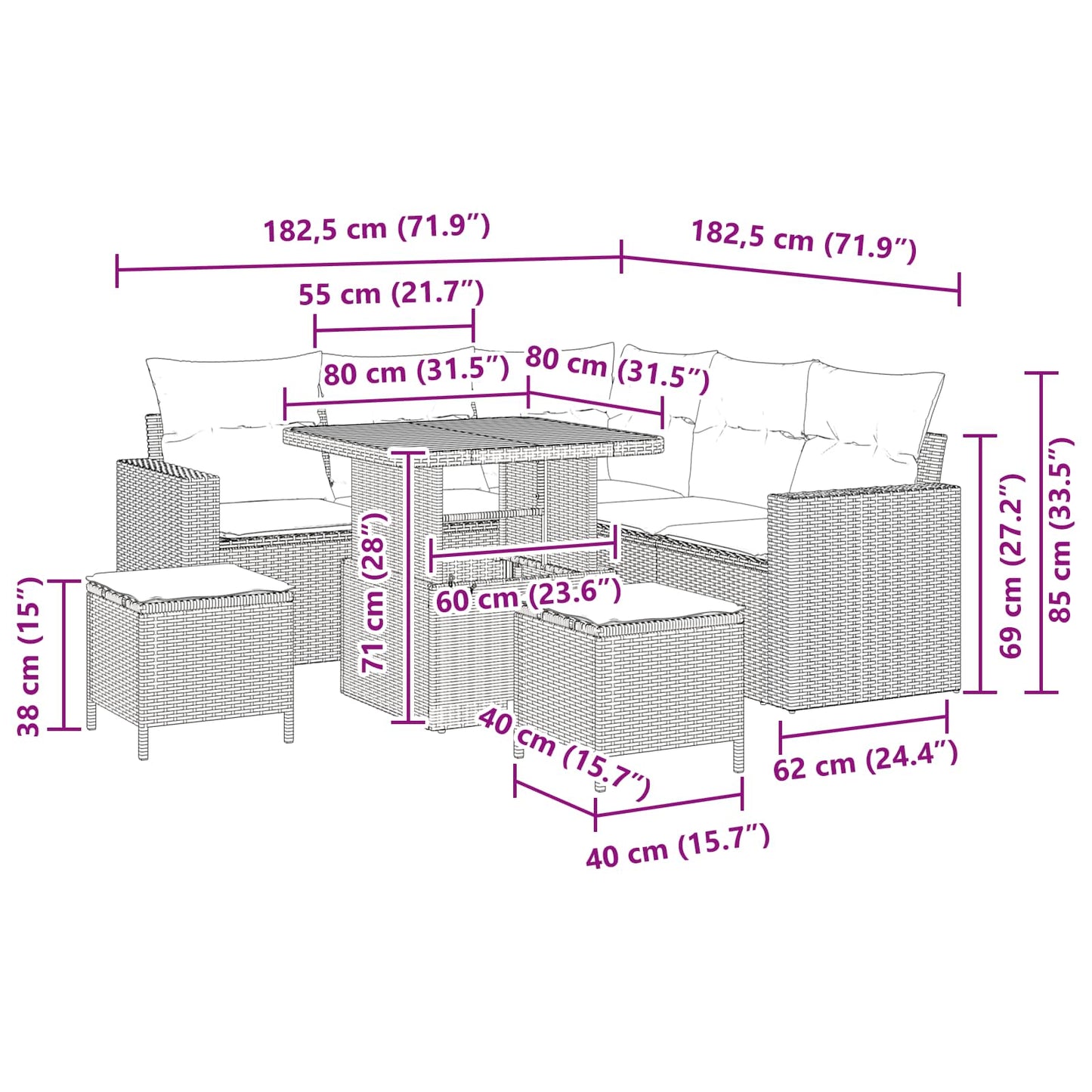Set Divano da Giardino 8 pcs Nero polyrattan