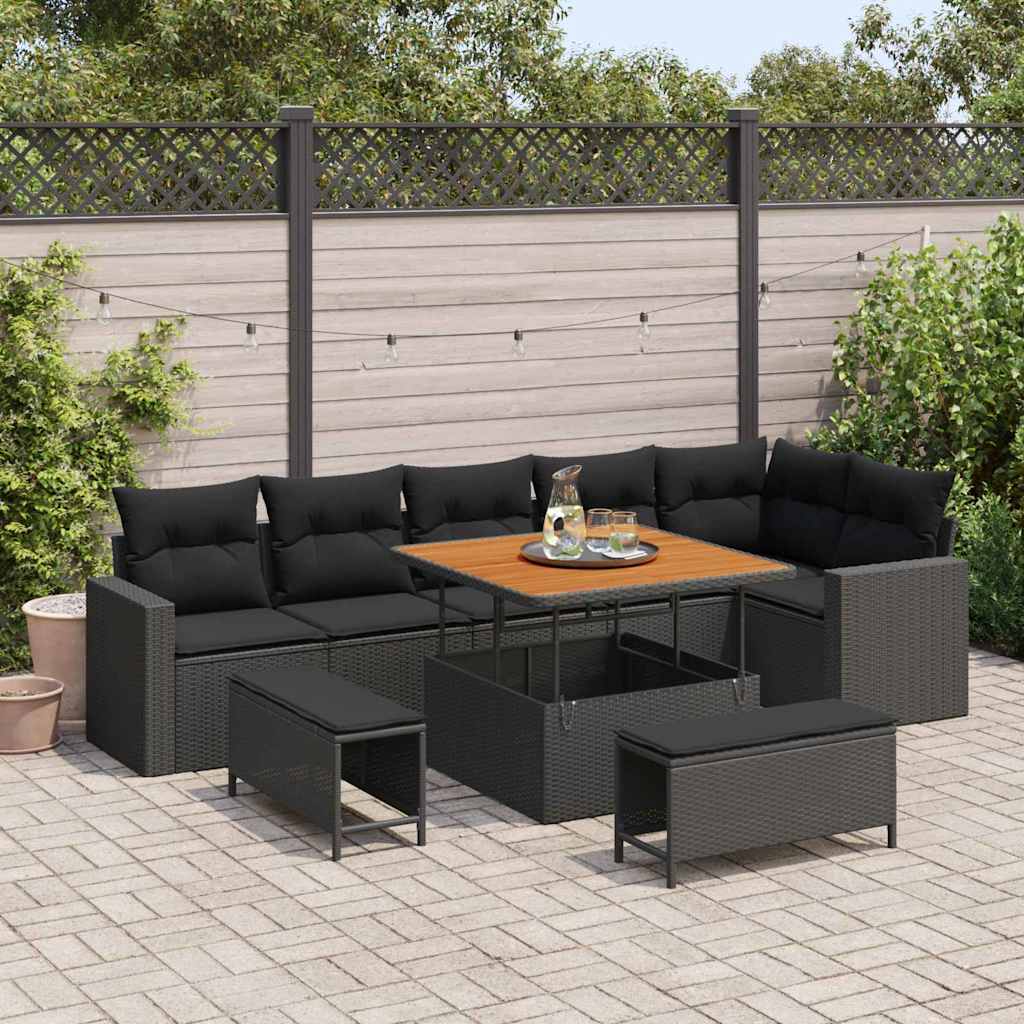 Set Divano da Giardino 9 pcs Nero polyrattan
