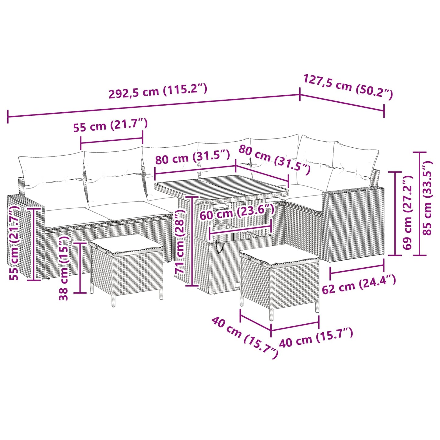 Set Divano da Giardino 9 pcs Nero polyrattan