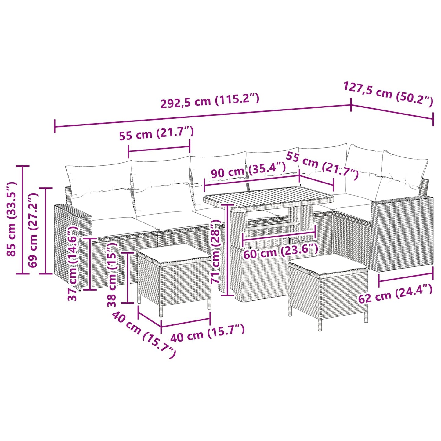 Set Divano da Giardino 9 pcs Nero polyrattan