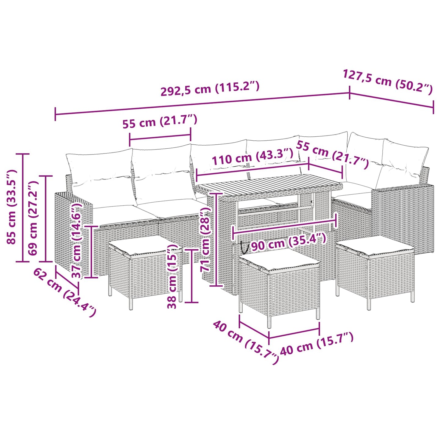 Set Divano da Giardino 10 pcs Nero polyrattan