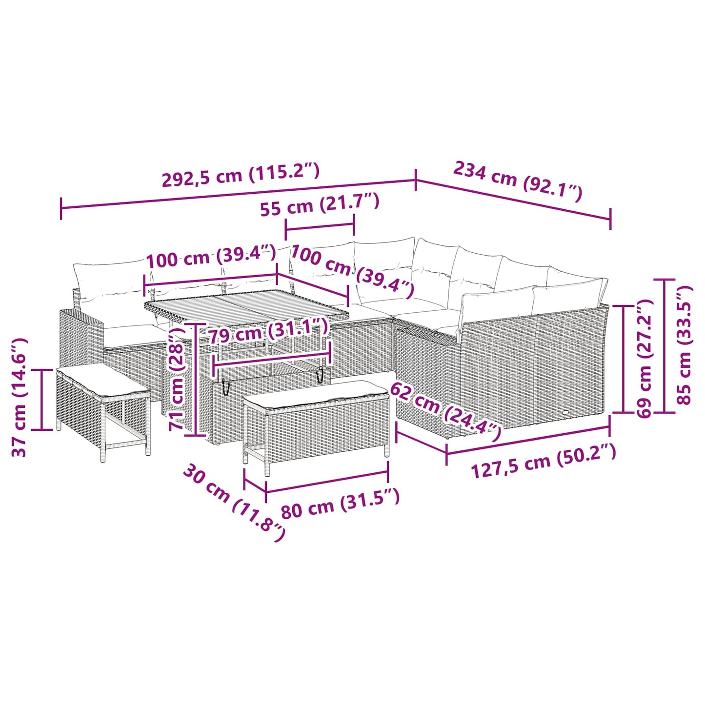 Set Divano da Giardino 12 pcs Nero polyrattan