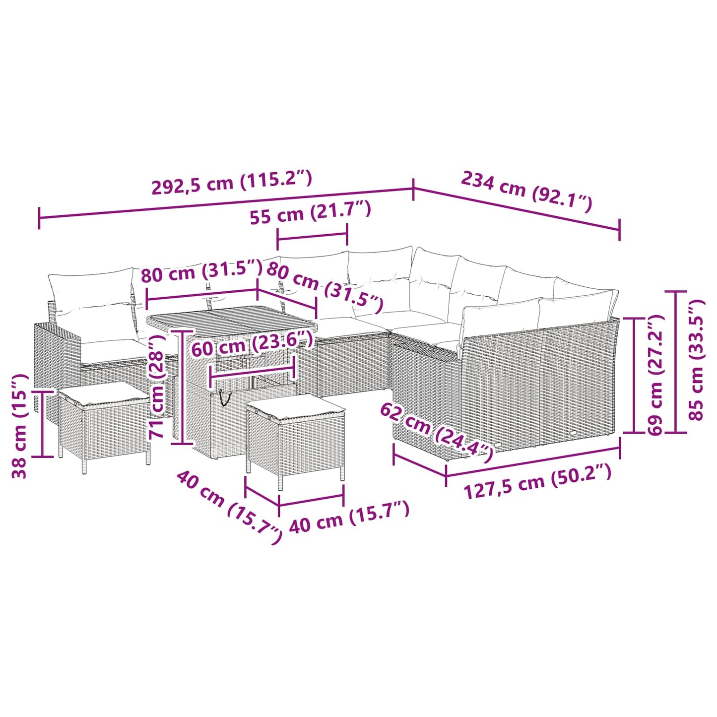 Set Divano da Giardino 12 pcs Nero polyrattan