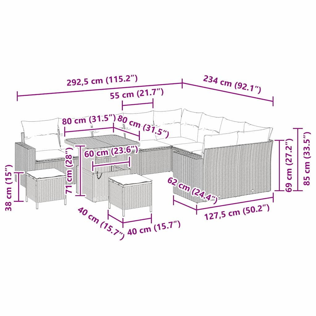 Set Divano da Giardino 12 pz Nero polyrattan