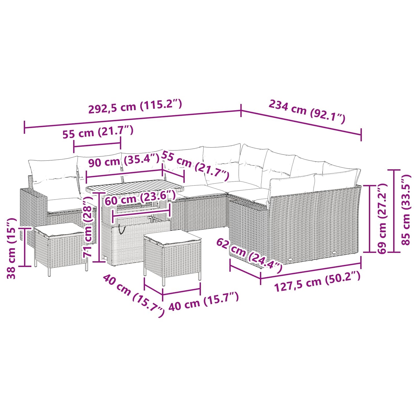 Set Divano da Giardino 12 pcs Nero polyrattan