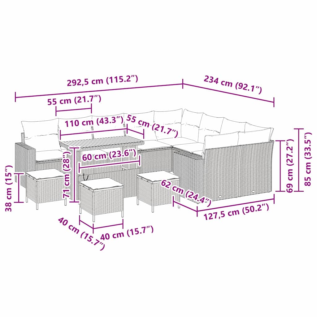 Set Divano da Giardino 13 pcs Beige polyrattan | homemem39