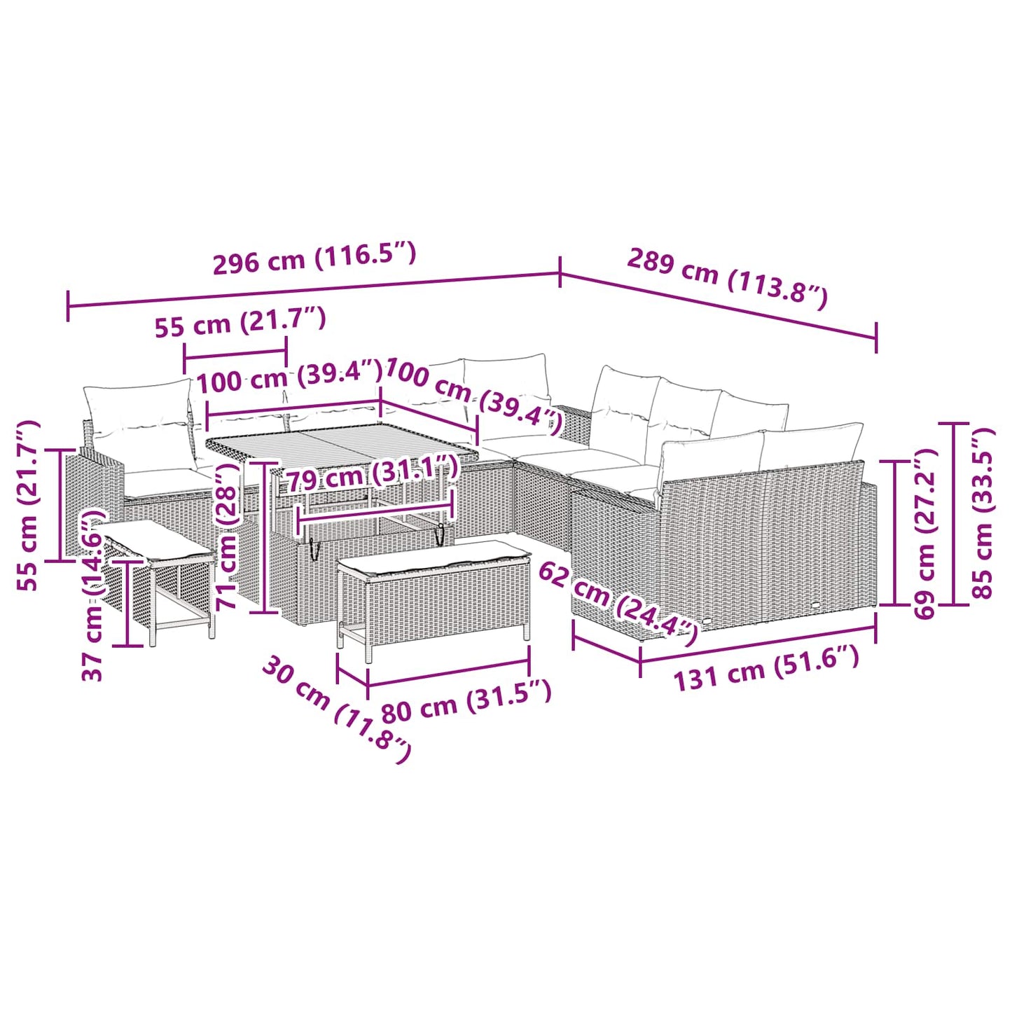 Set Divano da Giardino con cuscino 13 pcs Nero polyrattan