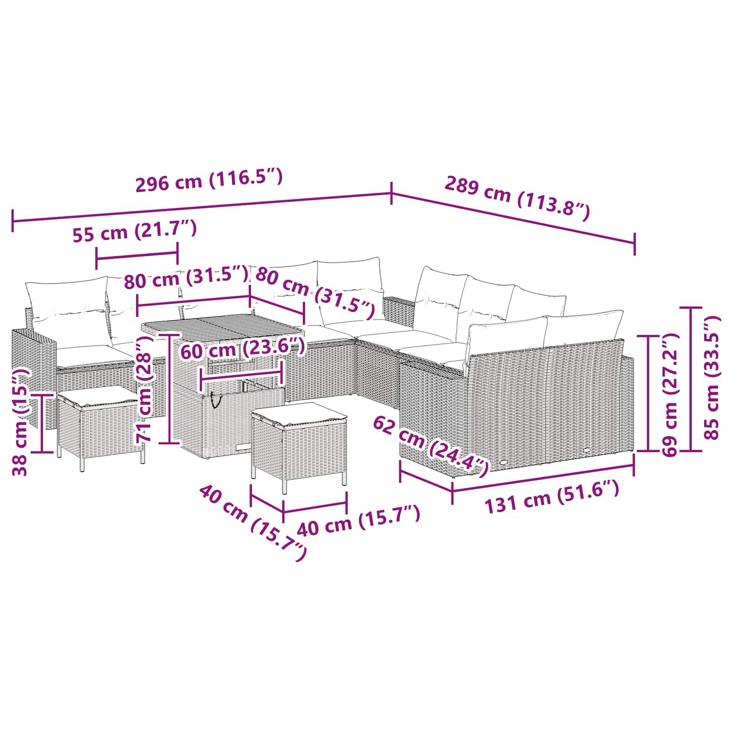 Set Divano da Giardino con cuscino 13 pcs Nero polyrattan