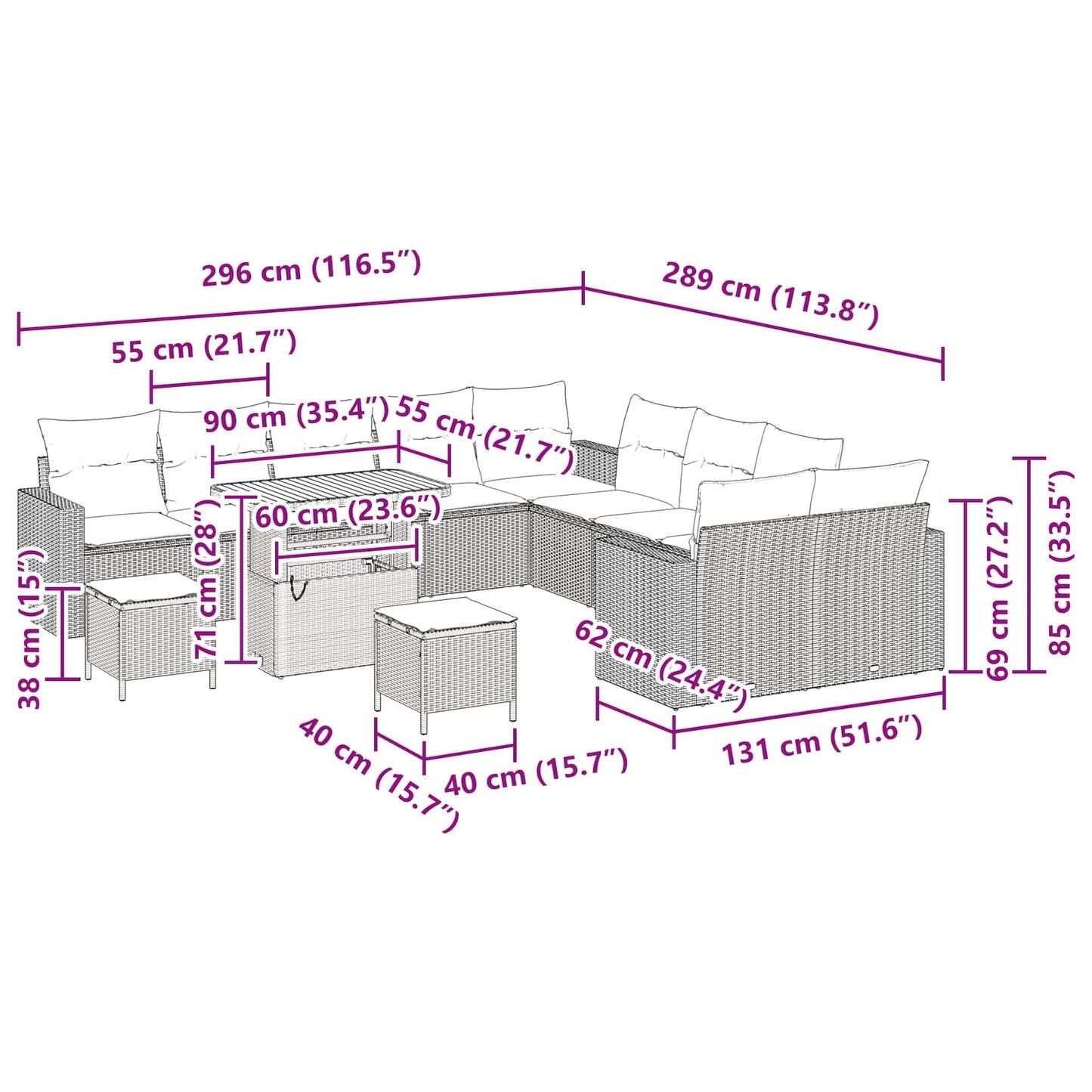 Set Divano da Giardino con cuscino 13 pcs Nero polyrattan