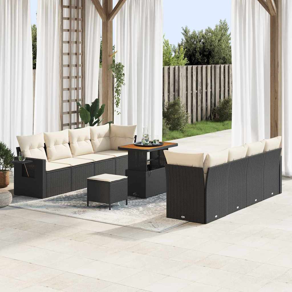 Set Divano da Giardino con cuscino 11 pcs Nero Poly Rattan | homemem39