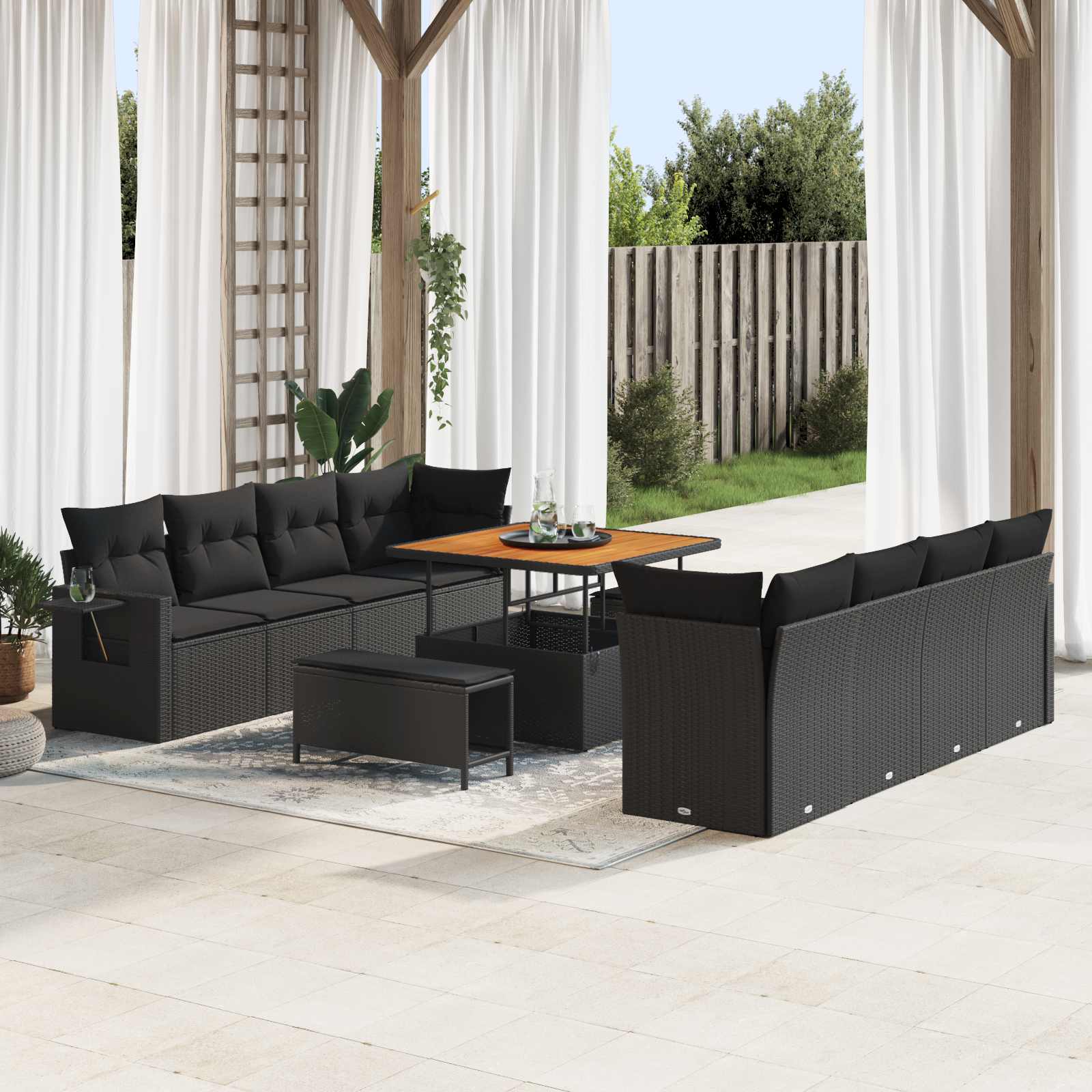 Set Divano da Giardino con cuscino 11 pcs Nero Poly Rattan | homemem39