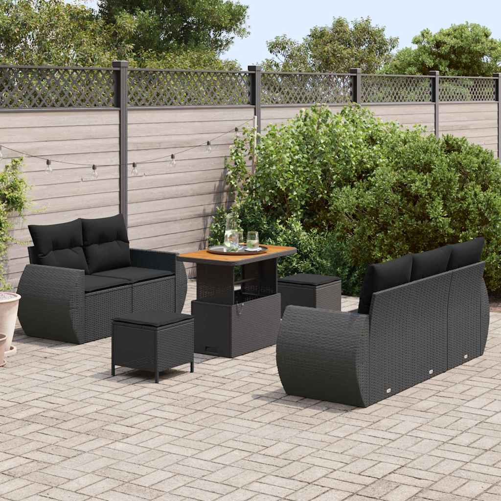Set Divano da Giardino con cuscino 8 pcs Nero polyrattan