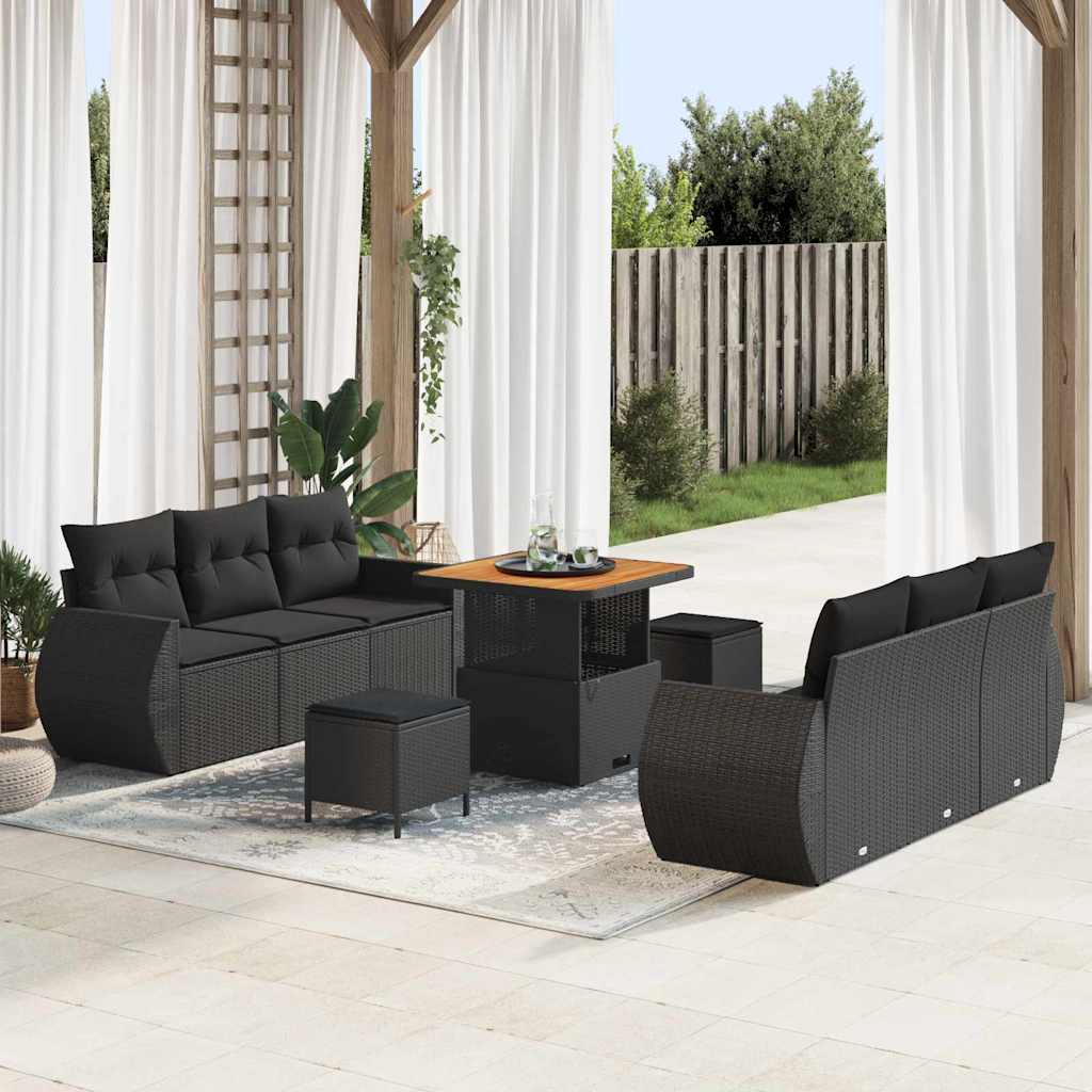 Set Divano da Giardino con cuscino 9 pcs Nero polyrattan