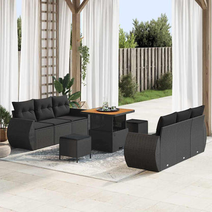 Set Divano da Giardino con cuscino 9 pcs Nero polyrattan