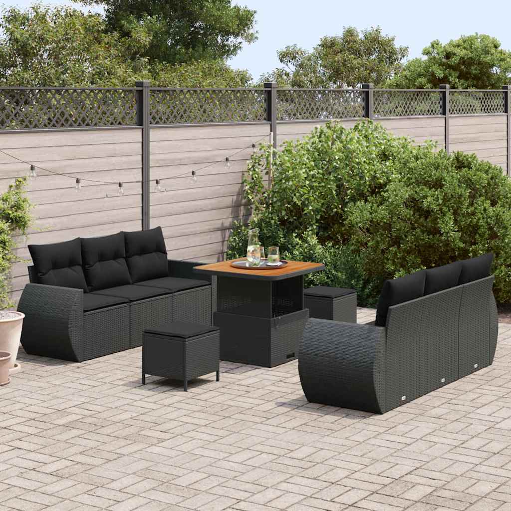 Set Divano da Giardino con cuscino 9 pcs Nero polyrattan