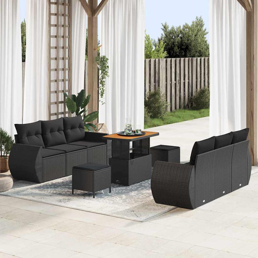 Set Divano da Giardino con cuscino 9 pcs Nero polyrattan