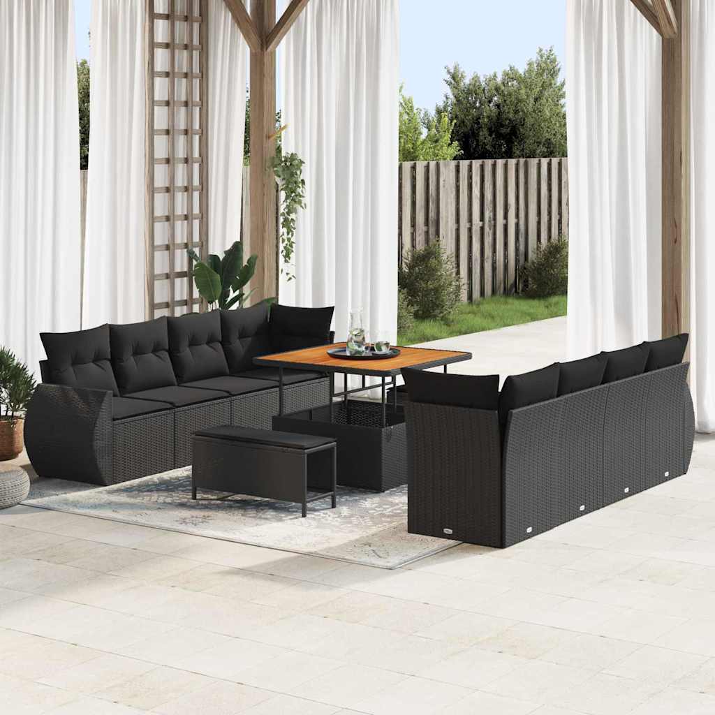 Set Divano da Giardino con cuscino 11 pcs Nero polyrattan
