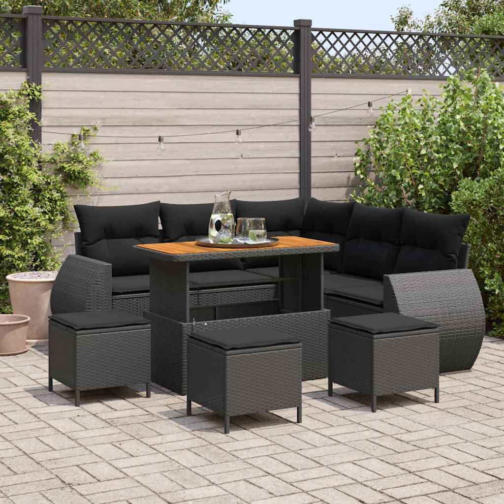 Set Divano da Giardino 9 pcs Nero polyrattan