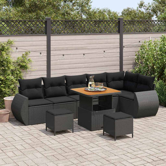 Set Divano da Giardino 9 pcs Nero polyrattan