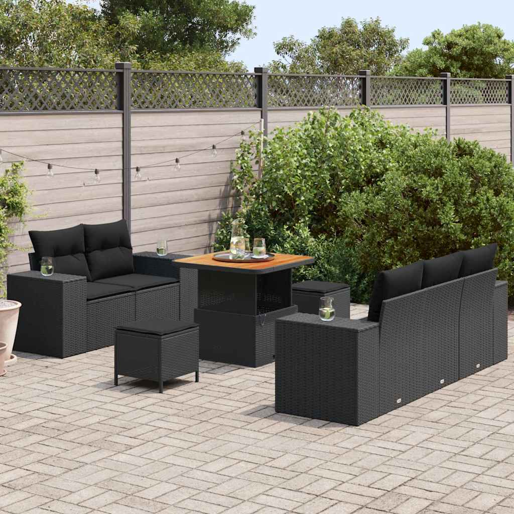 Set Divano da Giardino con cuscino 8 pcs Nero polyrattan