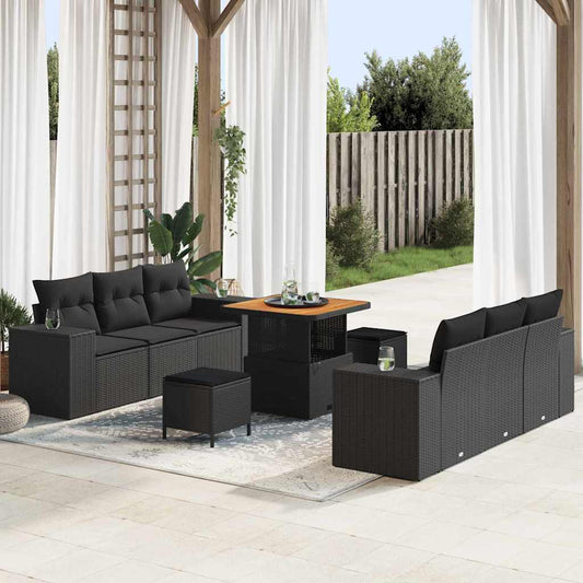 Set Divano da Giardino con cuscino 9 pcs Nero Poly Rattan