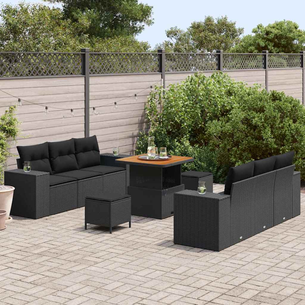 Set Divano da Giardino con cuscino 9 pcs Nero Poly Rattan
