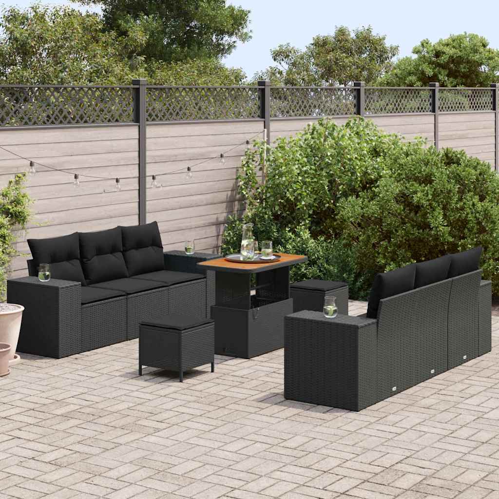 Set Divano da Giardino con cuscino 9 pcs Nero Poly Rattan