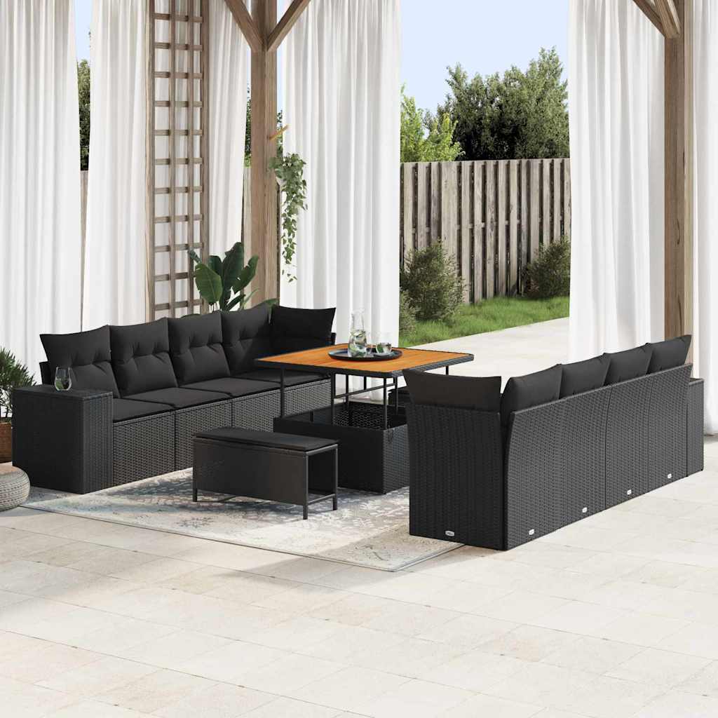 Set Divano da Giardino con cuscino 11 pcs Nero polyrattan