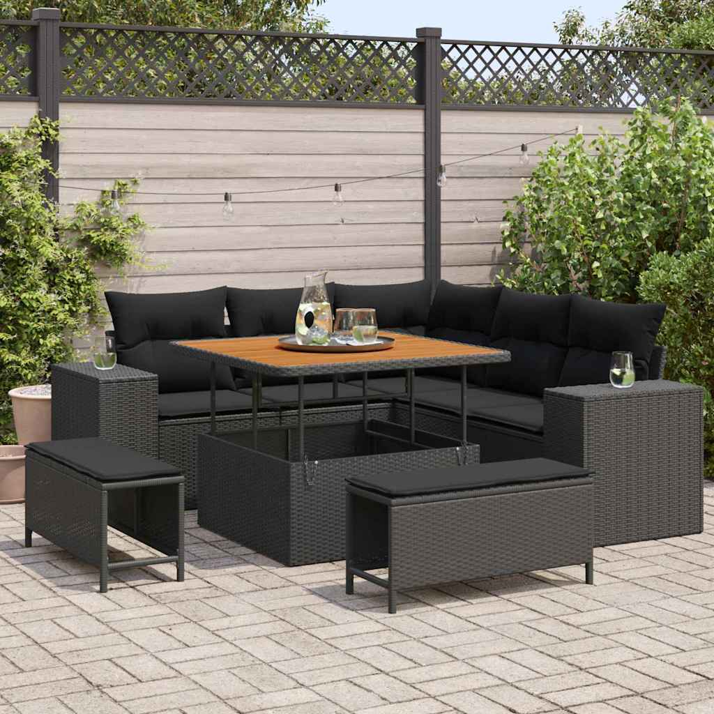 Set Divano da Giardino con cuscino 8 pcs Nero polyrattan