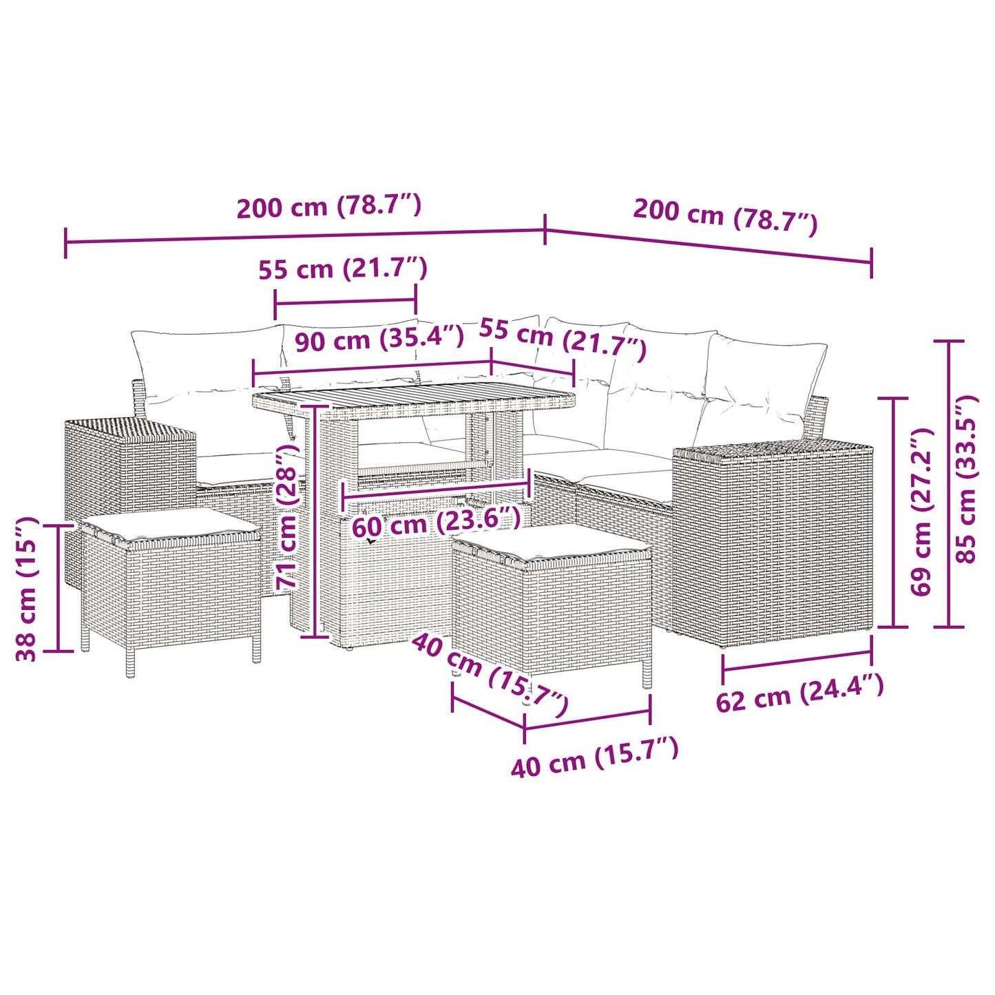 Set Divano da Giardino con cuscino 8 pcs Nero polyrattan