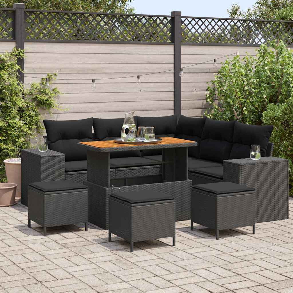 Set Divano da Giardino con cuscino 9 pcs Nero polyrattan