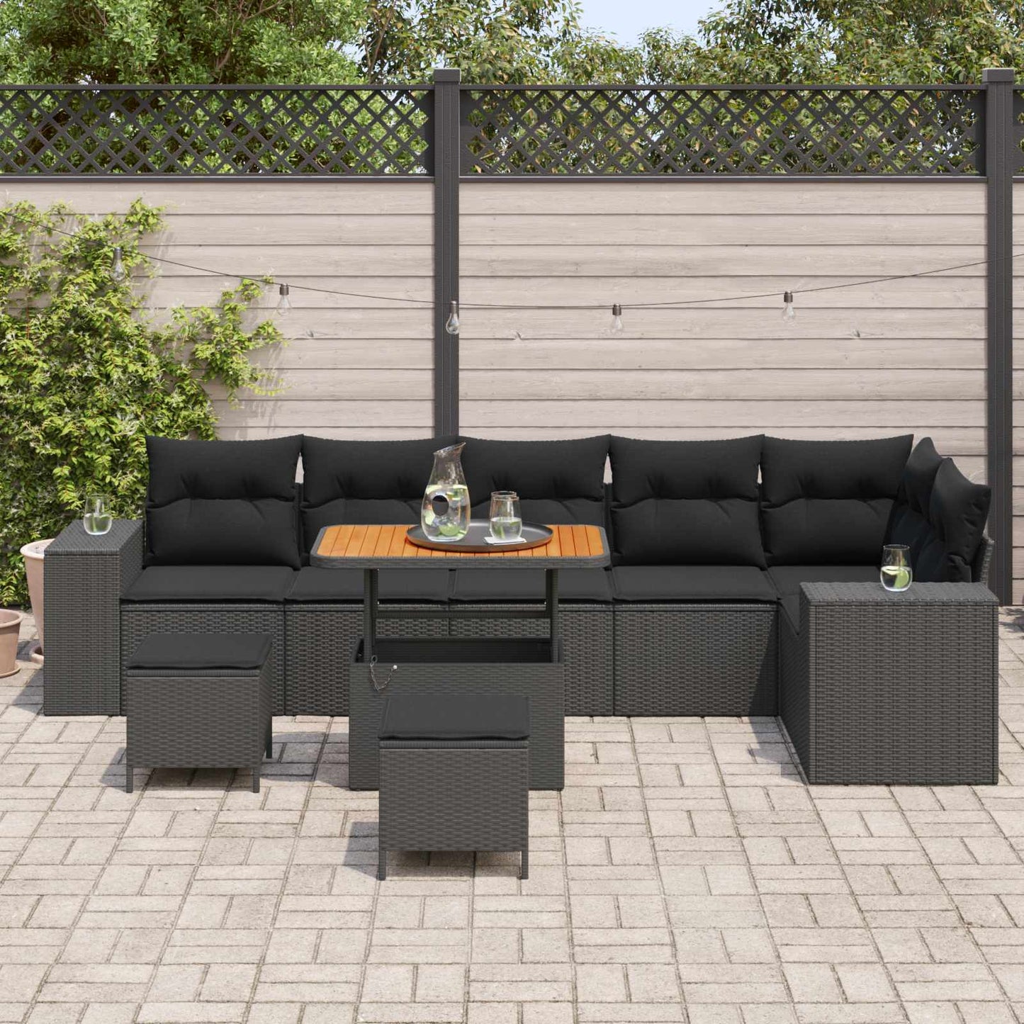 Set Divano da Giardino con cuscino 9 pcs Nero polyrattan