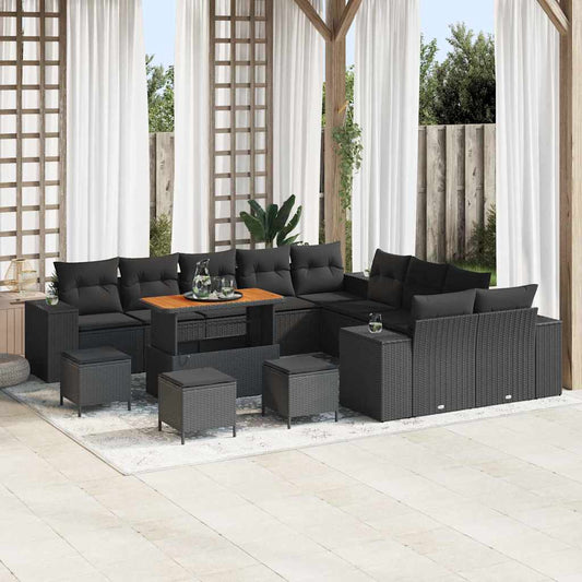Set Divano da Giardino con cuscino 14 pcs Nero polyrattan