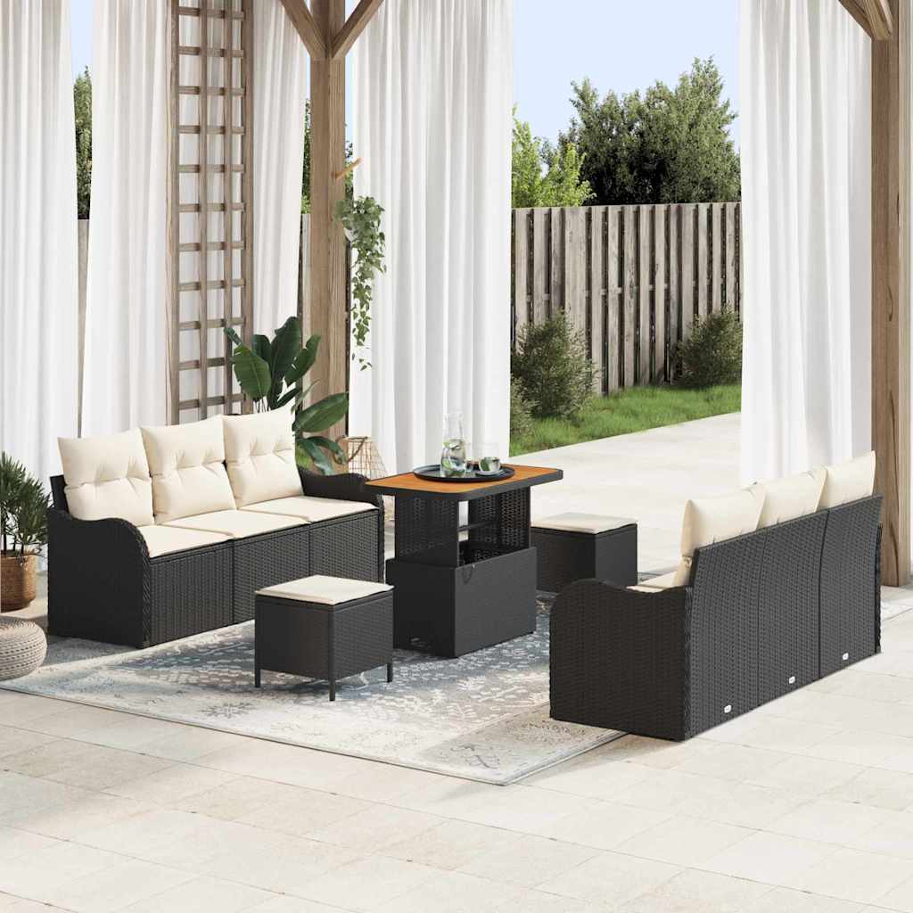 Set Divano da Giardino con cuscino 9 pcs Nero polyrattan | homemem39