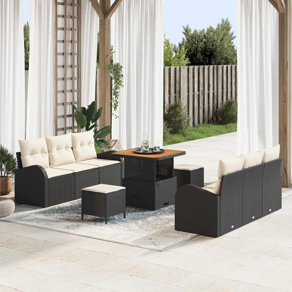 Set Divano da Giardino con cuscino 9 pcs Nero Poly Rattan - homemem39