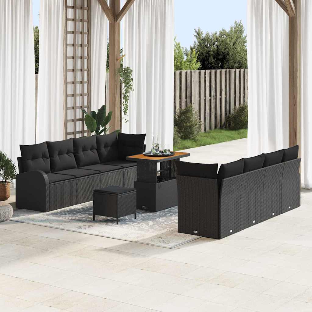 Set Divano da Giardino con cuscino 11 pcs Nero Poly Rattan - homemem39