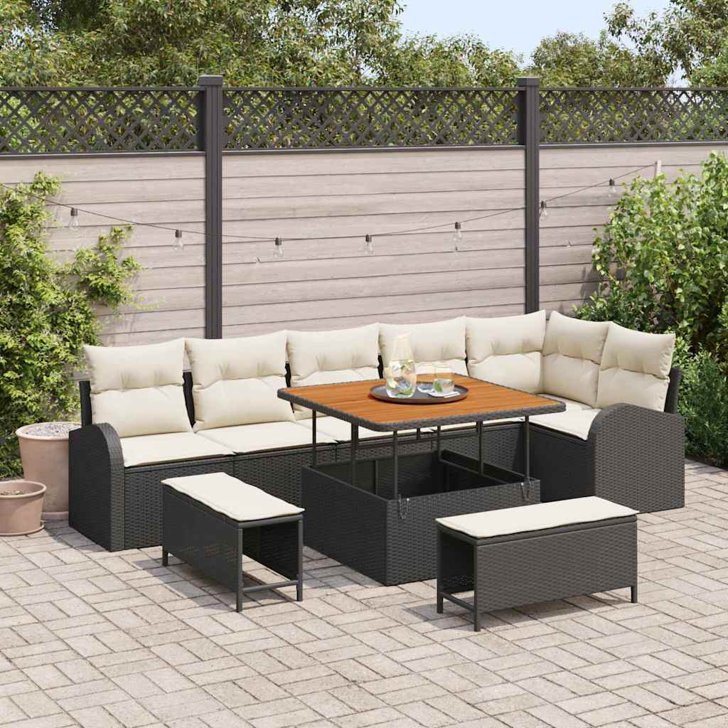 Set Divano da Giardino con cuscino 9 pcs Nero Poly Rattan - homemem39