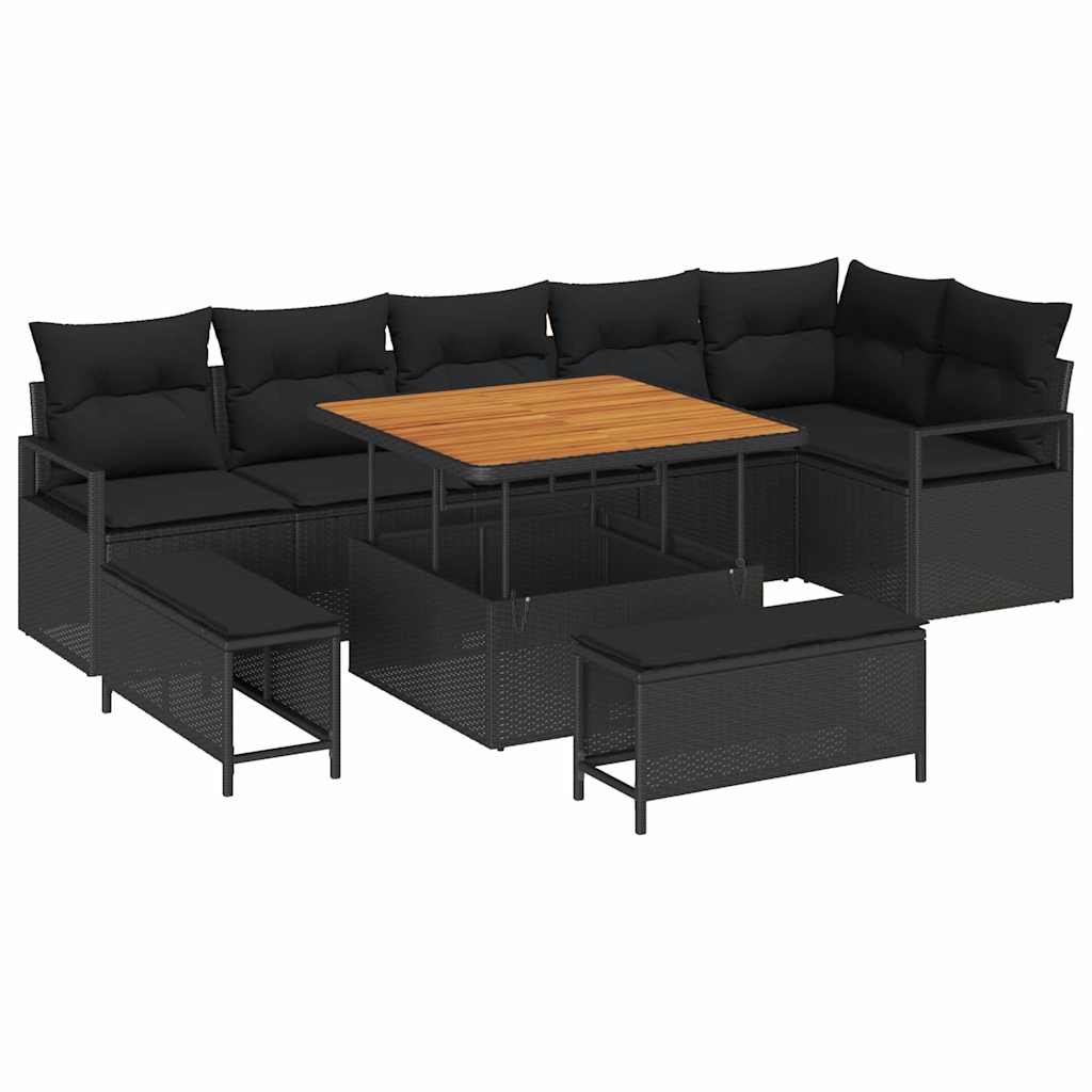 Set Divano da Giardino con cuscino 9 pcs Nero Poly Rattan - homemem39