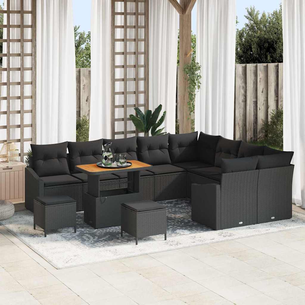 Set Divano da Giardino con cuscino 12 pcs Nero Poly Rattan - homemem39